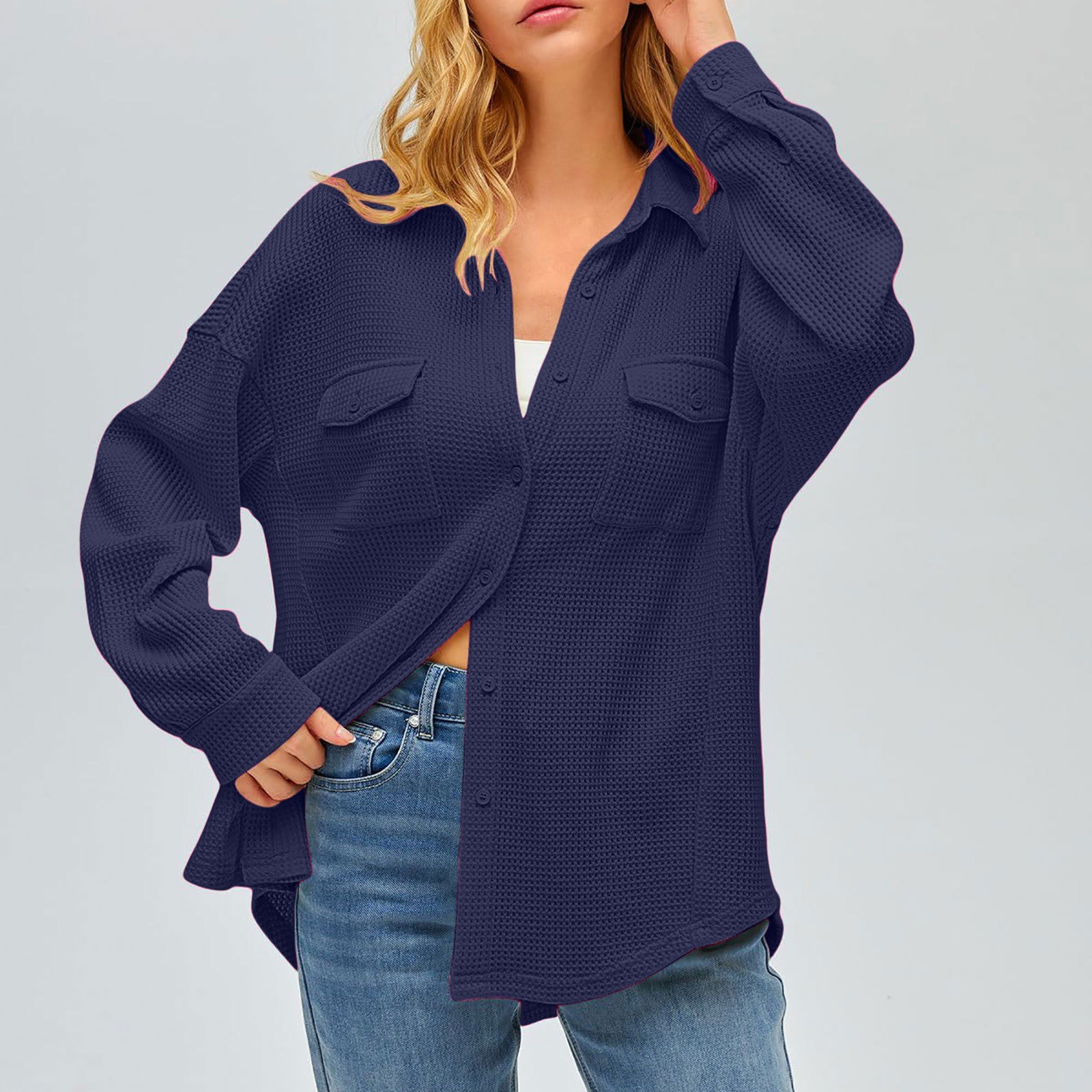 thumbnail image 2 of Camisa con bolsillos de color liso para mujer: top de punto holgado de manga larga, poliéster, versátil para primavera/otoño, tallas US 4-12, EU 34-42, 2 of 8